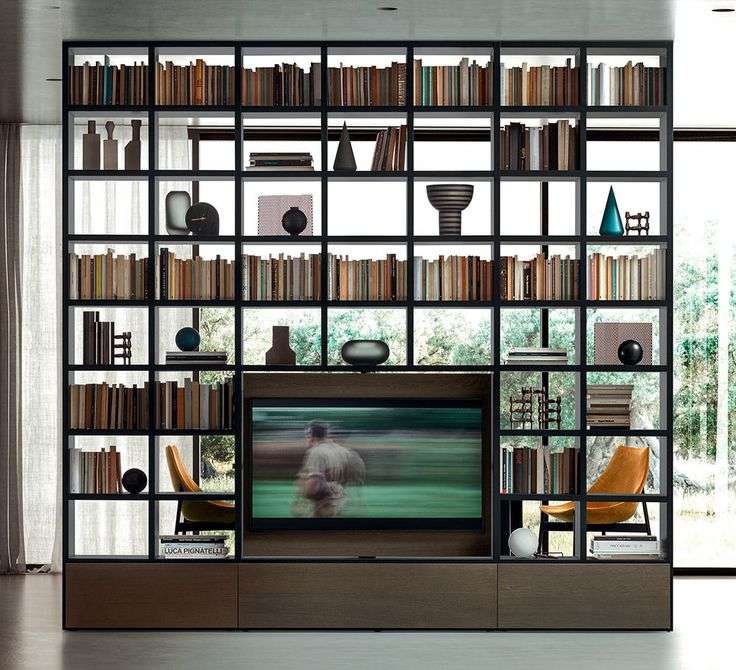 room divider bookshelf with revolving tv